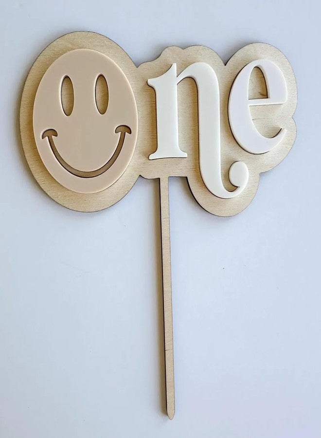 Curious Button Smiley One Cake Topper for First Birthday | 6 Inch Pine MDF Cake Decoration | One Happy Dude Theme | Wooden Smiley Face Cake Topper | Baby Birthday Party Prop** (Tanyellow)